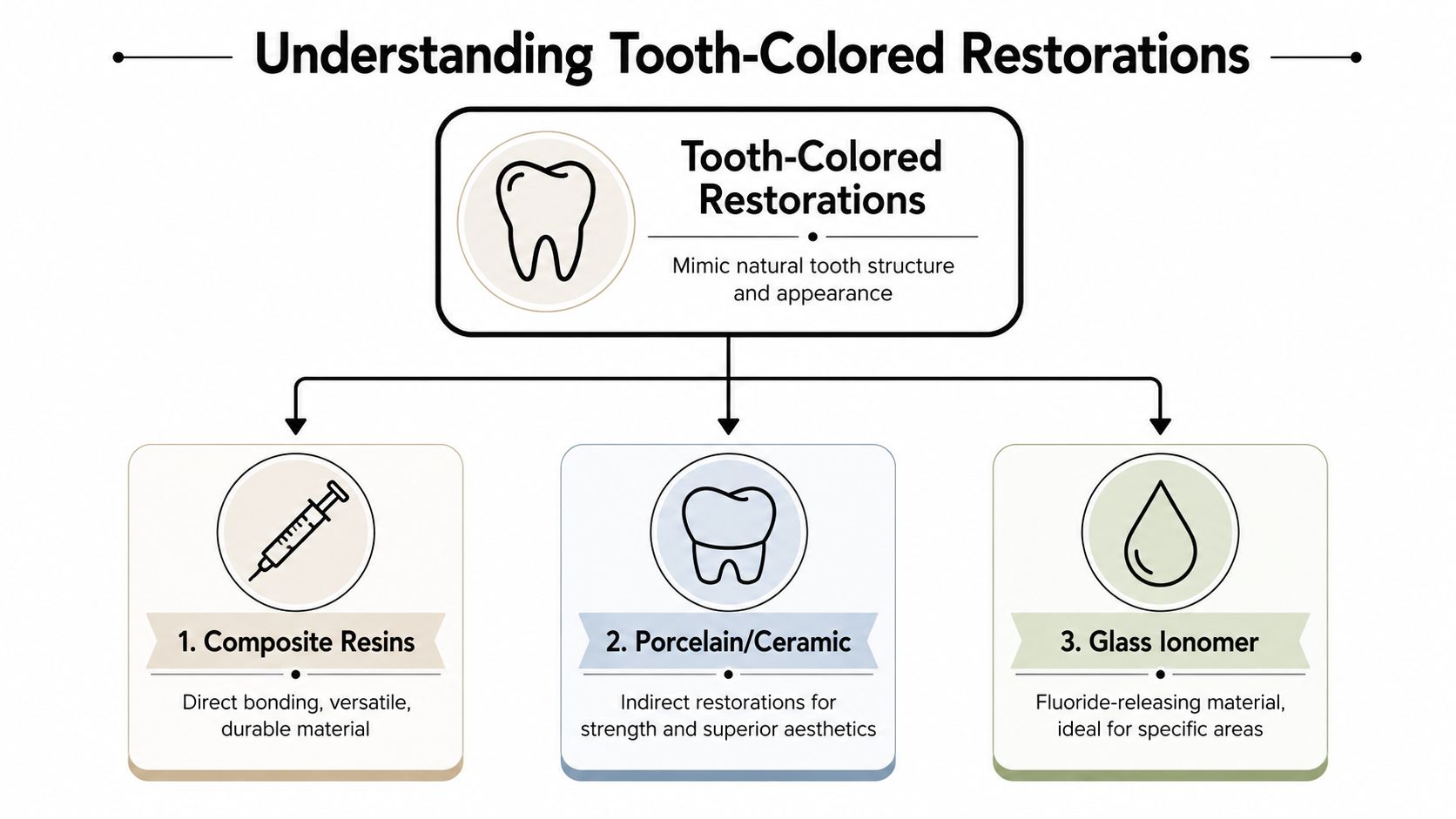 An infographic titled Understanding Tooth-Colored Restorations detailing three types including Composite Resins, Porcelain/Ceramic, and Glass Ionomer materials.