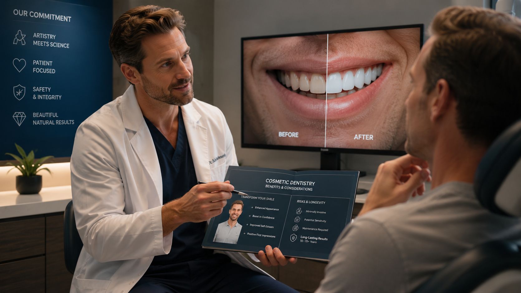A dentist explains the benefits of cosmetic dentistry to a patient using a brochure in a clinic.