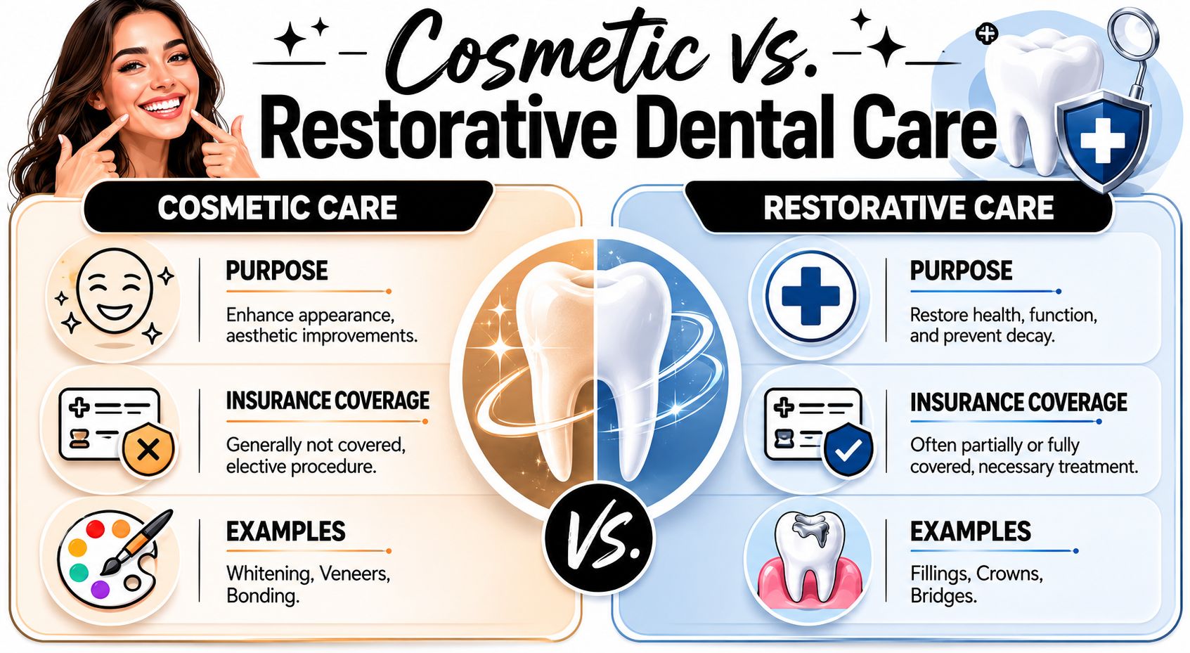 A comparative infographic explaining the differences between cosmetic dentistry and restorative dental care with examples.