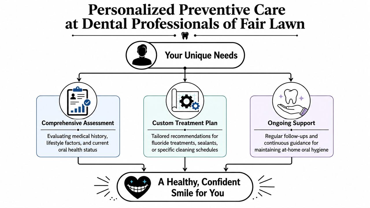 A flowchart explaining the process of personalized preventive dental care at Dental Professionals of Fair Lawn.