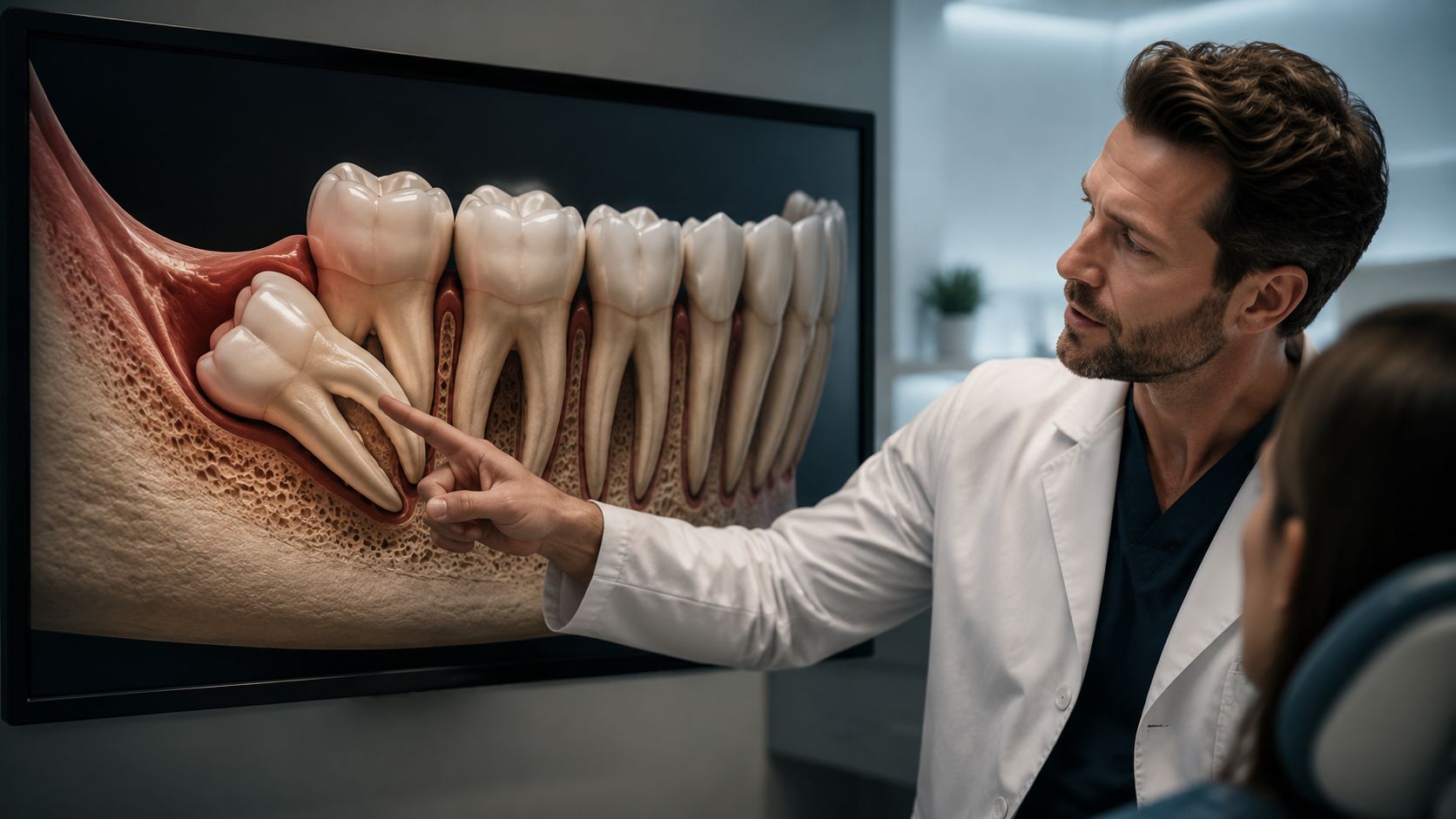 A dentist pointing to a digital display showing a patient an impacted wisdom tooth in their jaw.