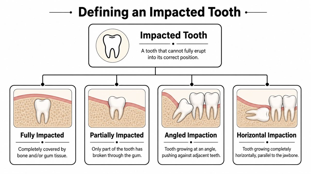 A diagram illustrating the definition and four types of impacted teeth: fully, partially, angled, and horizontal impaction.