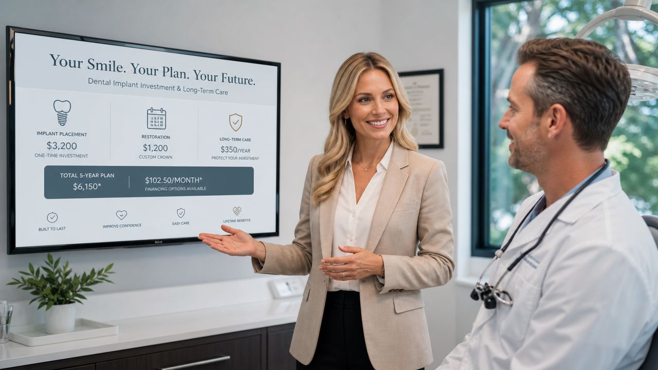 A professional woman presenting a dental implant treatment plan on a screen to a male dentist.