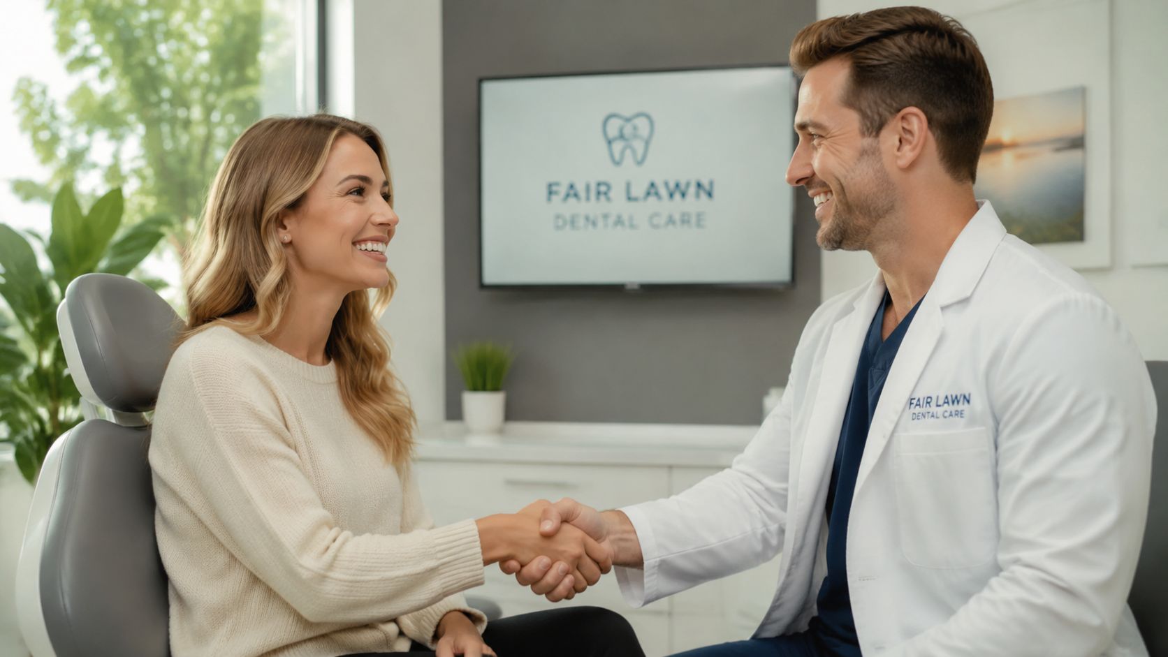 A friendly dentist shaking hands with a smiling female patient in a modern dental office setting.