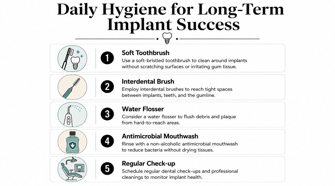 An infographic titled Daily Hygiene for Long-Term Implant Success, listing five essential oral care steps for implants.
