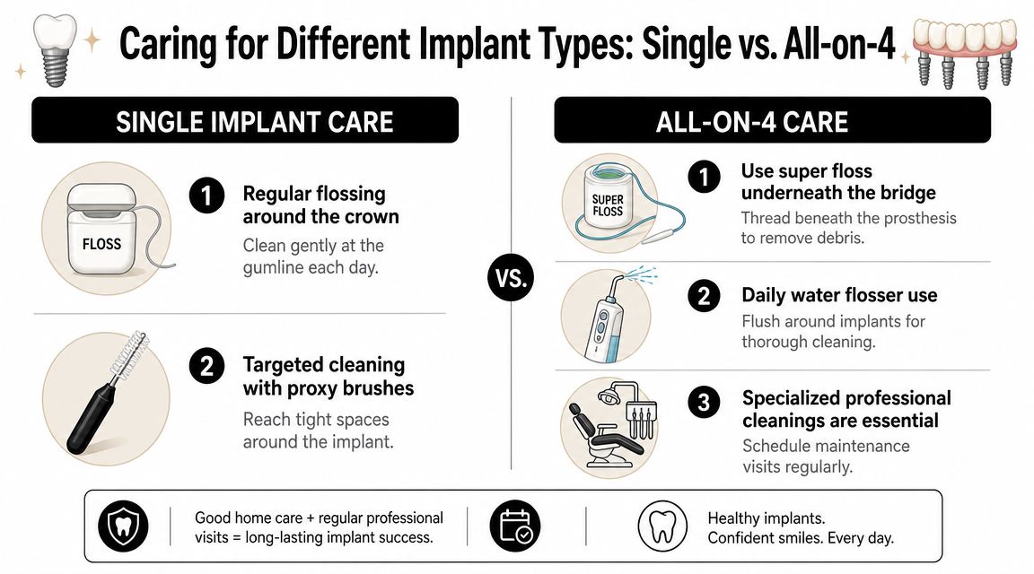 A comparison infographic detailing daily care tips and maintenance steps for single dental implants versus all-on-4 implants.