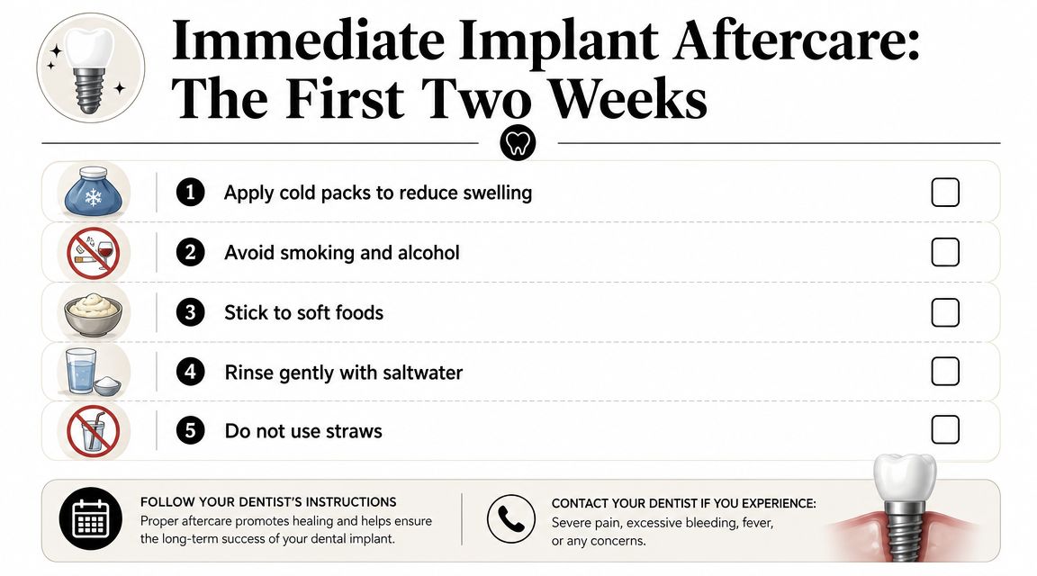 A dental aftercare checklist for the first two weeks following an immediate dental implant procedure.
