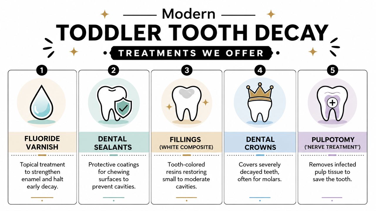 A five-step infographic illustrating modern dental treatments for toddler tooth decay, including fluoride, sealants, and crowns.