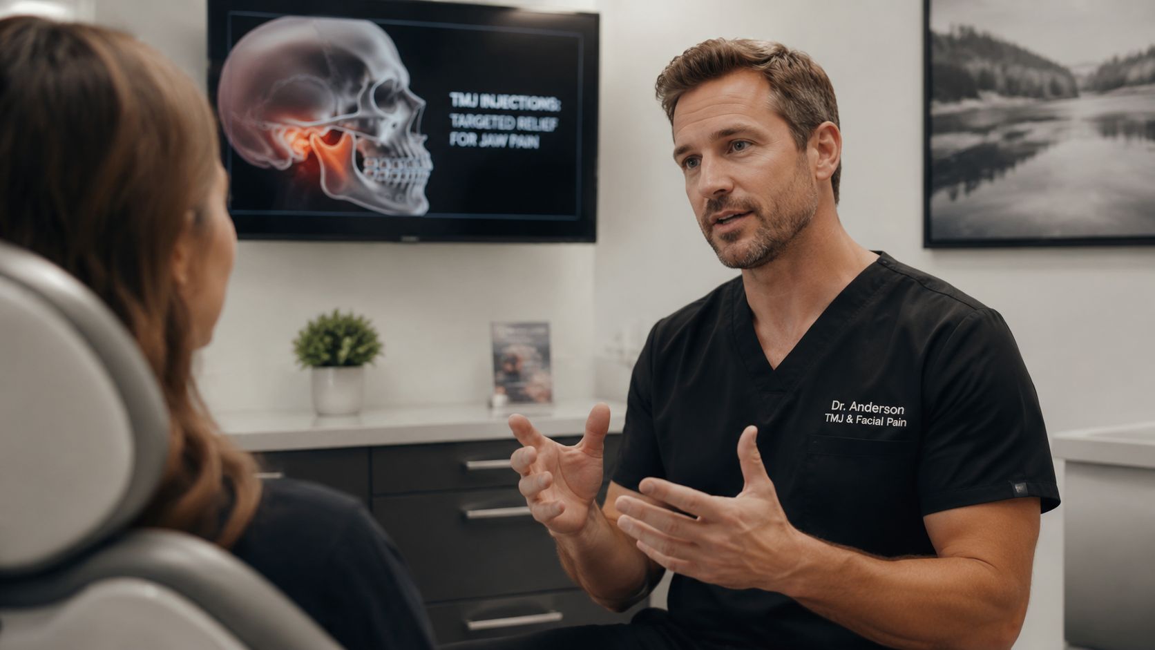 A professional doctor explains TMJ injection treatments to a patient during a medical consultation in an office.