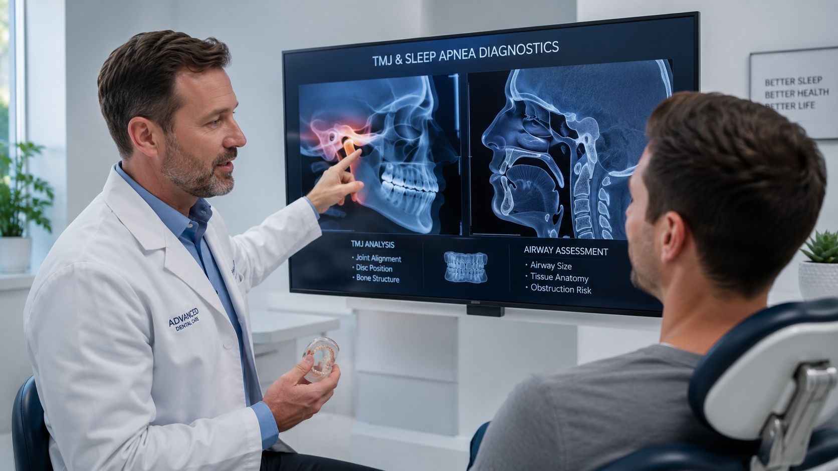 A dentist explaining TMJ and sleep apnea diagnostics to a patient using digital imaging on a screen.