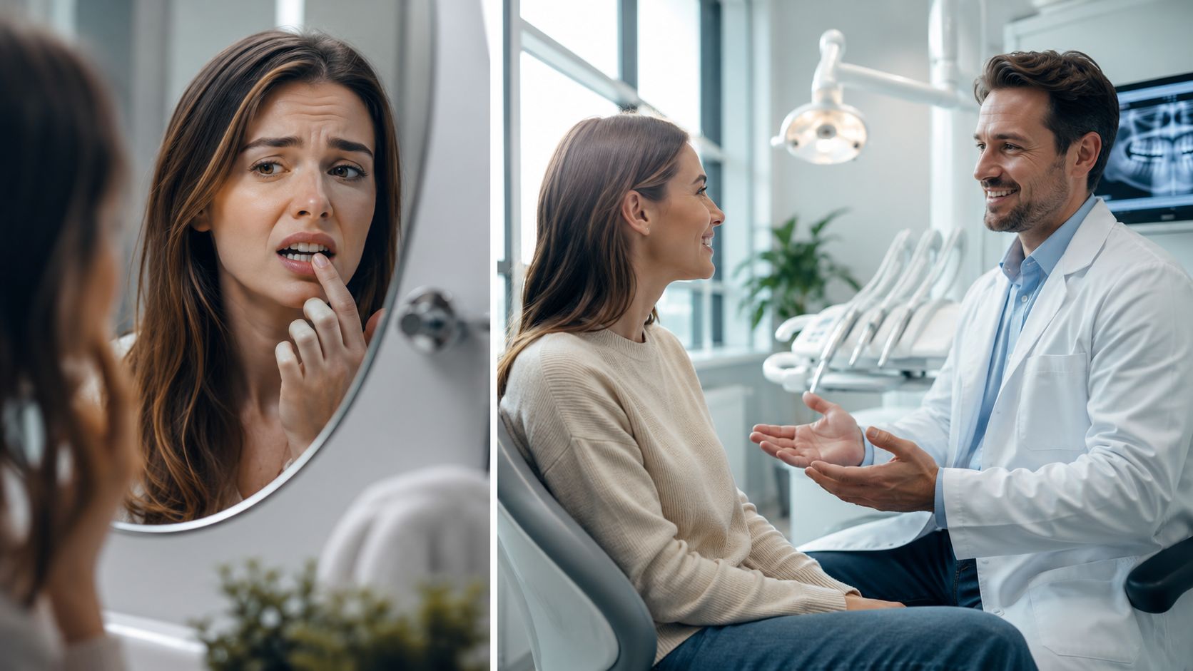 A woman examining her teeth in a mirror, then consulting with a dentist in a clinic.