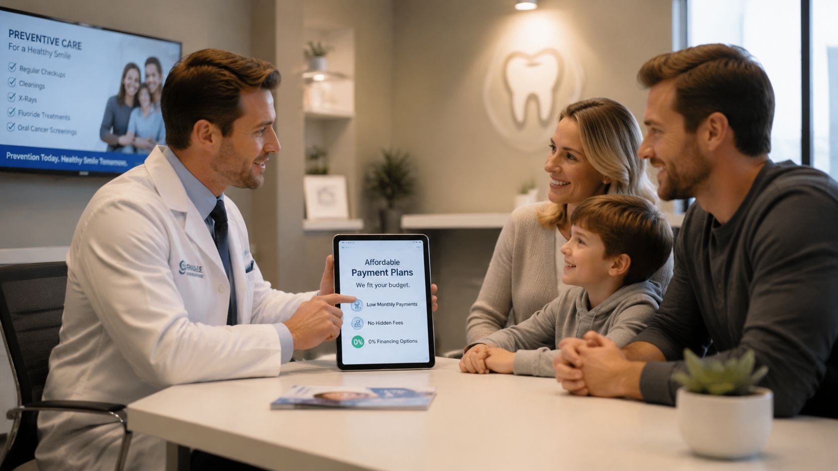 A friendly dentist discussing affordable dental payment plans with a young family in his office.