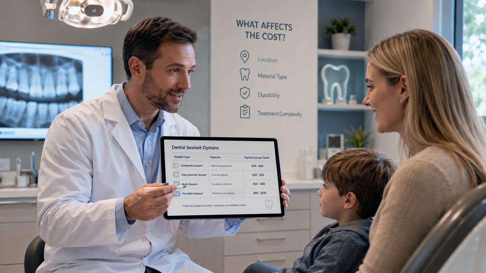 A dentist shows a digital tablet with dental sealant pricing options to a mother and her young son.