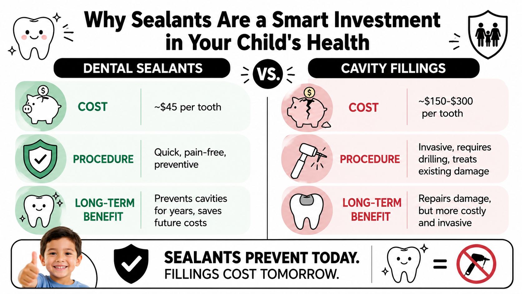 A comparison chart showing dental sealants as a cost-effective, preventive alternative to expensive cavity fillings for children.