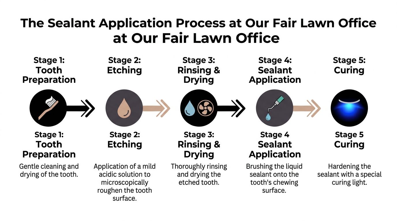 A five-step dental infographic explaining the professional tooth sealant application process at a dental office.