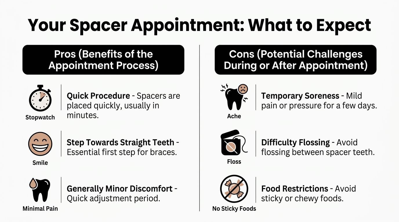 A visual guide outlining the benefits and challenges expected during a spacer appointment for orthodontic braces.