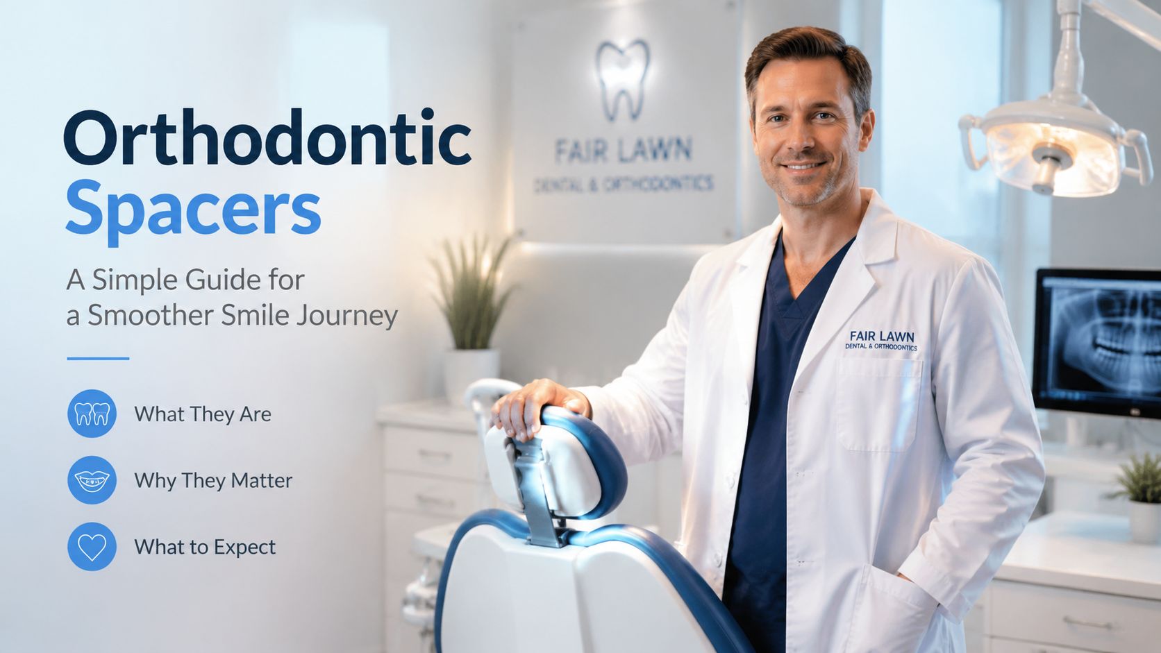 A friendly male dentist standing in a modern dental office beside an Orthodontic Spacers informational graphic.