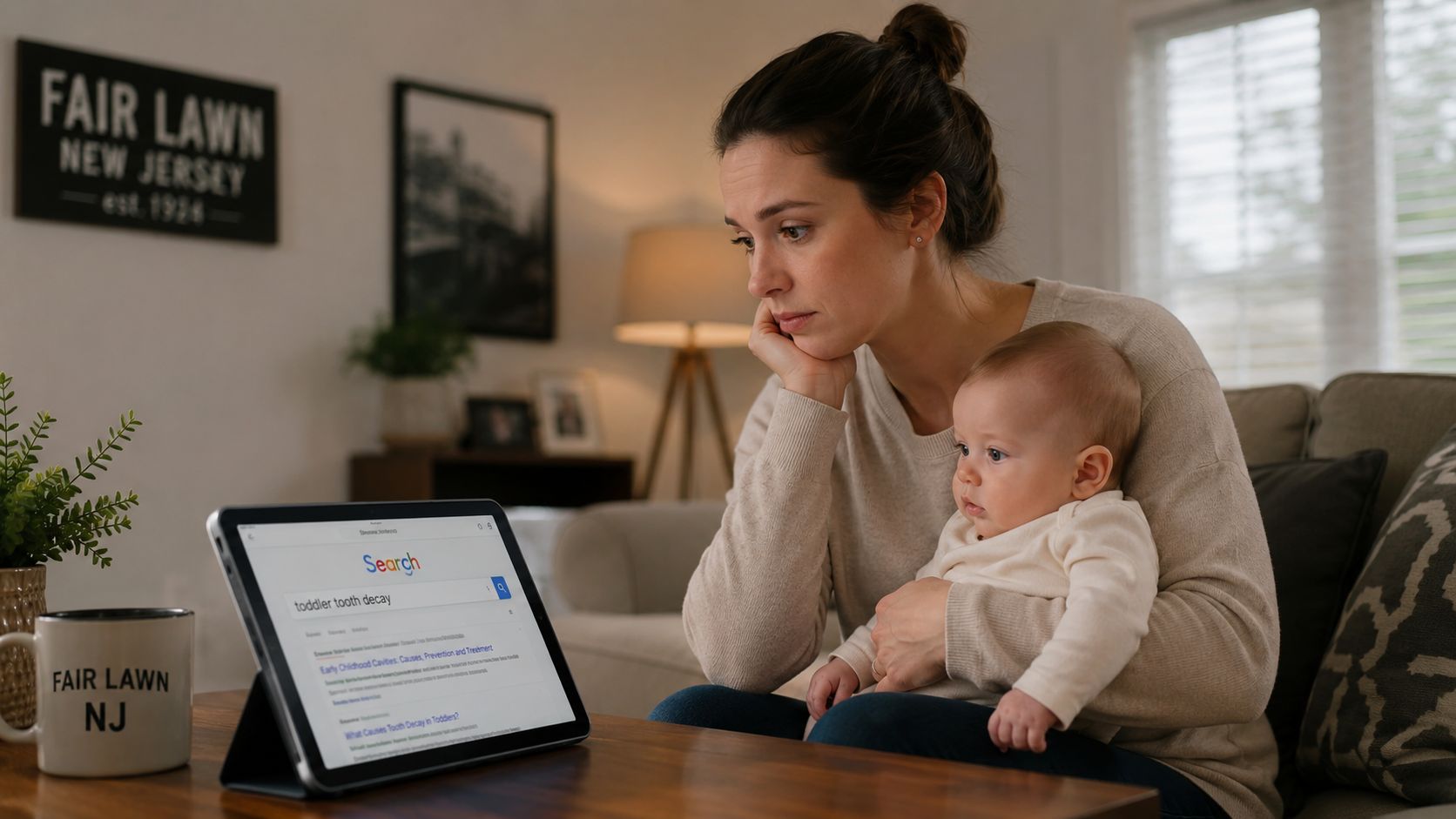 A concerned mother holding her baby while researching toddler tooth decay on a digital tablet at home.
