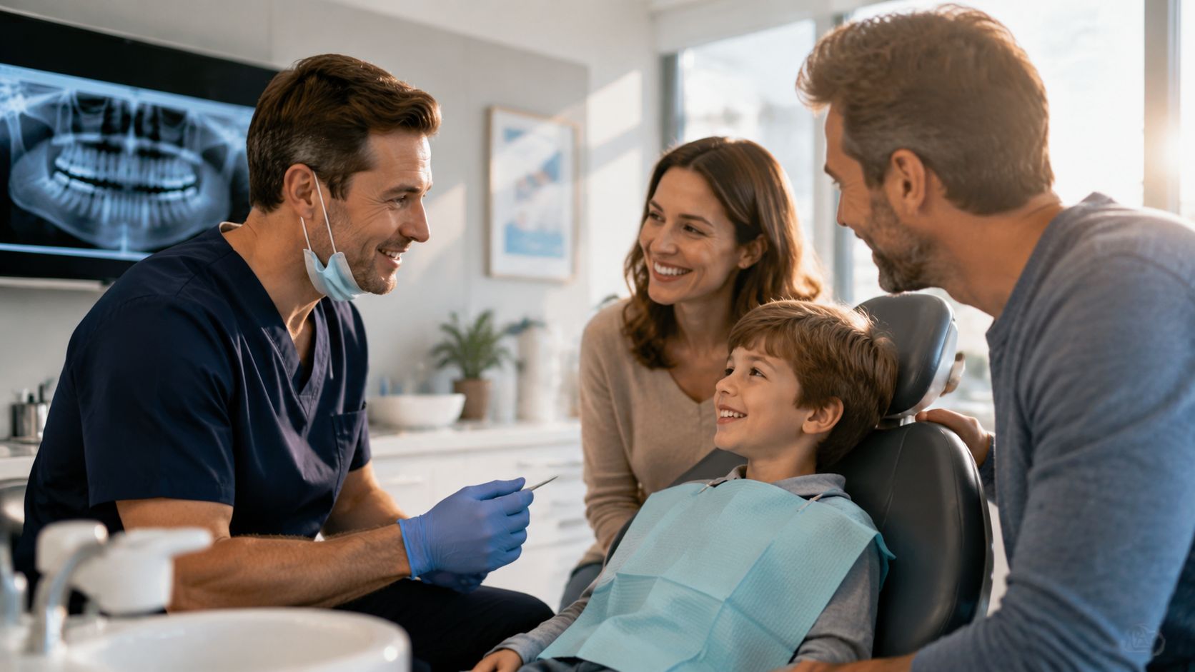 A friendly dentist talking to a young boy in a dental chair with parents present.