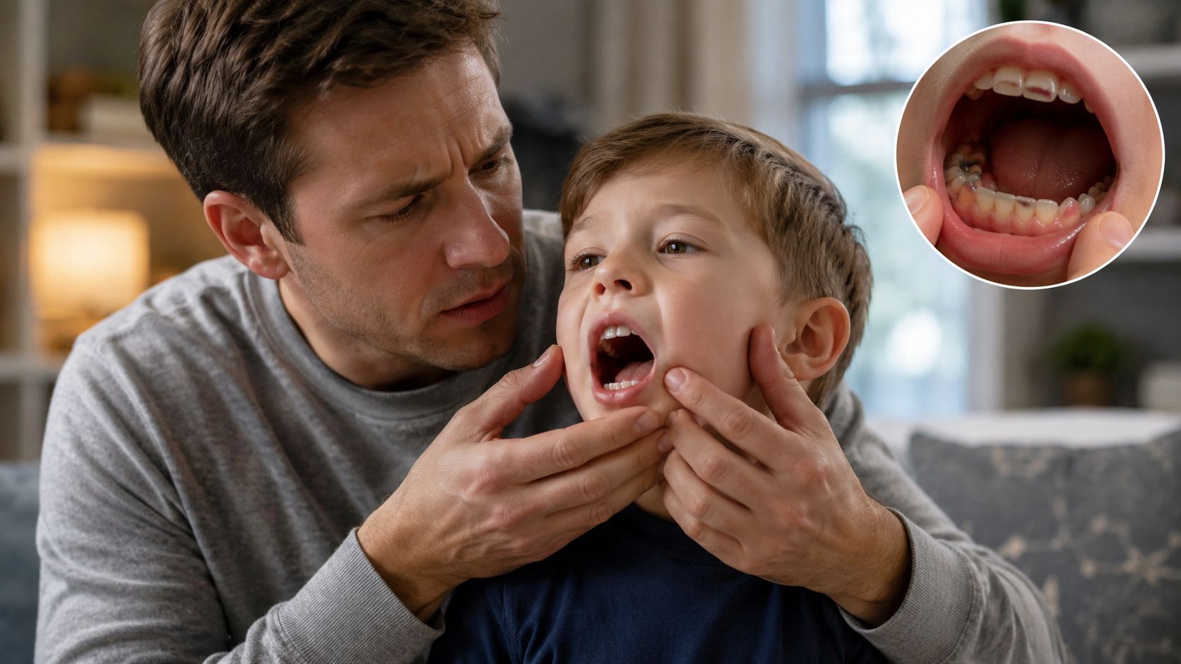 A concerned father inspects his young son's mouth, with an inset showing visible tooth decay.