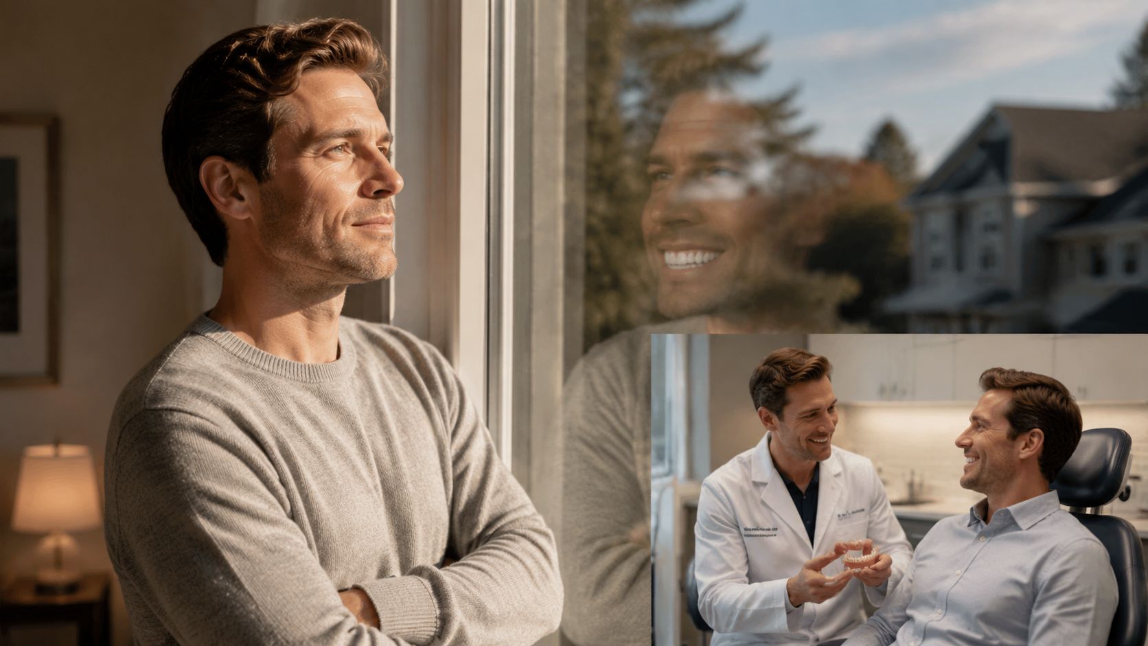 A man smiling while reflecting on his potential dental treatment options with a dentist at a clinic.