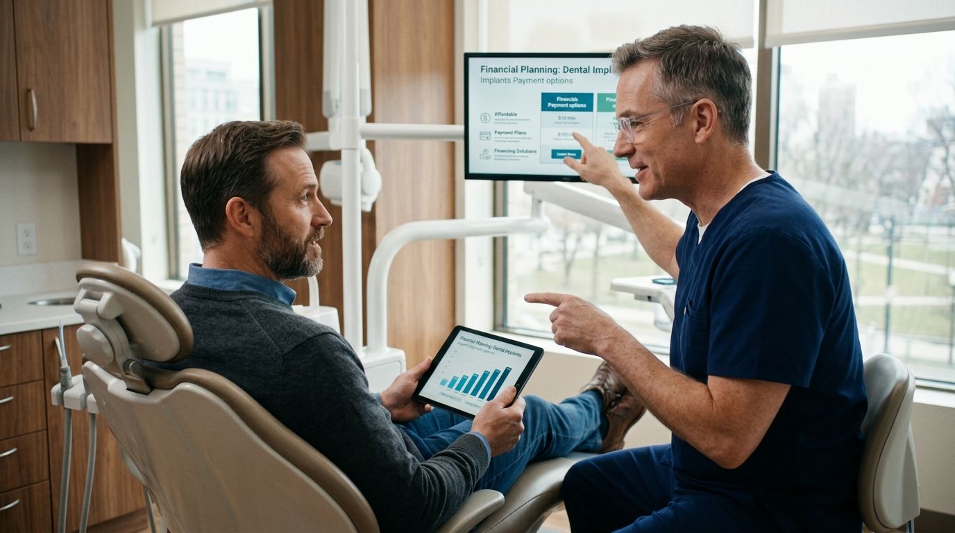 A dentist explaining dental implant financial options to a patient sitting in an exam chair.