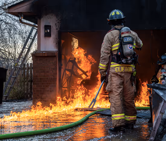Firefighter in gear with hose facing flames coming from a garage or building at dusk.