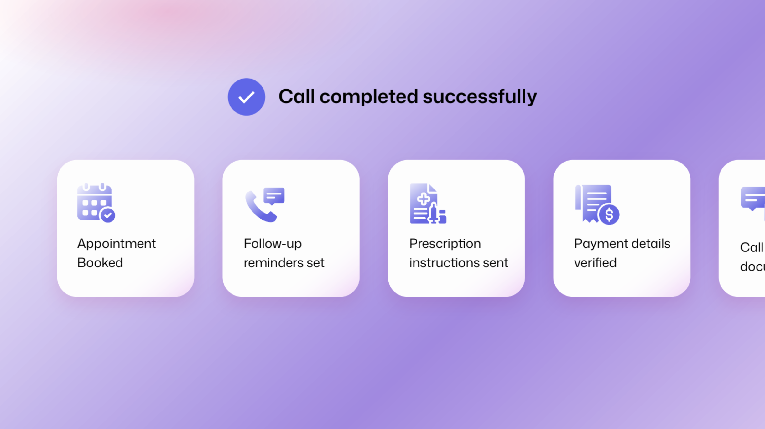 Confirmation with checkmark and message: Call completed successfully with booked appointment and reminders set.
