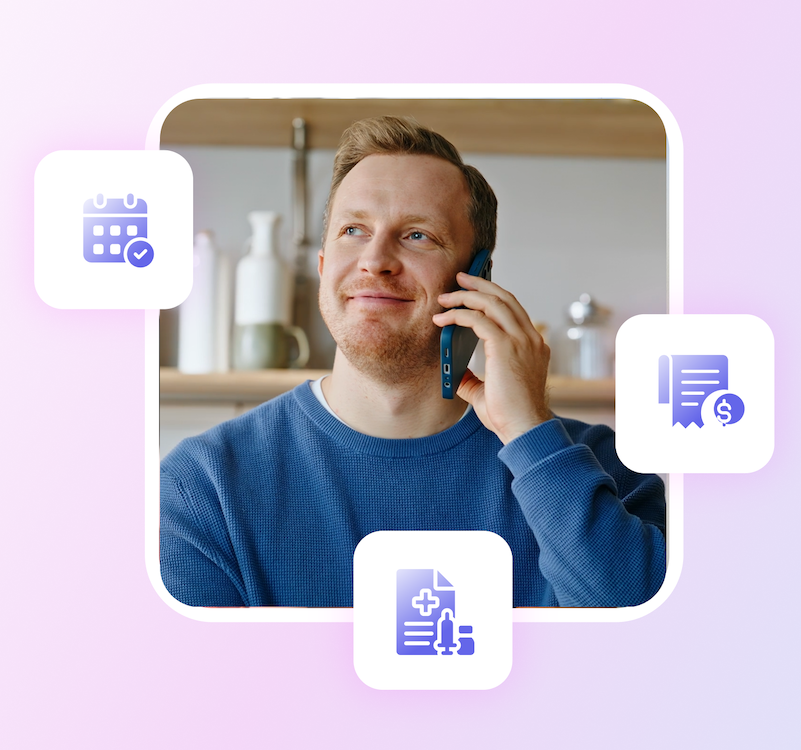 Patient on phone call with icons of calendar, medical prescription, and invoice nearby.