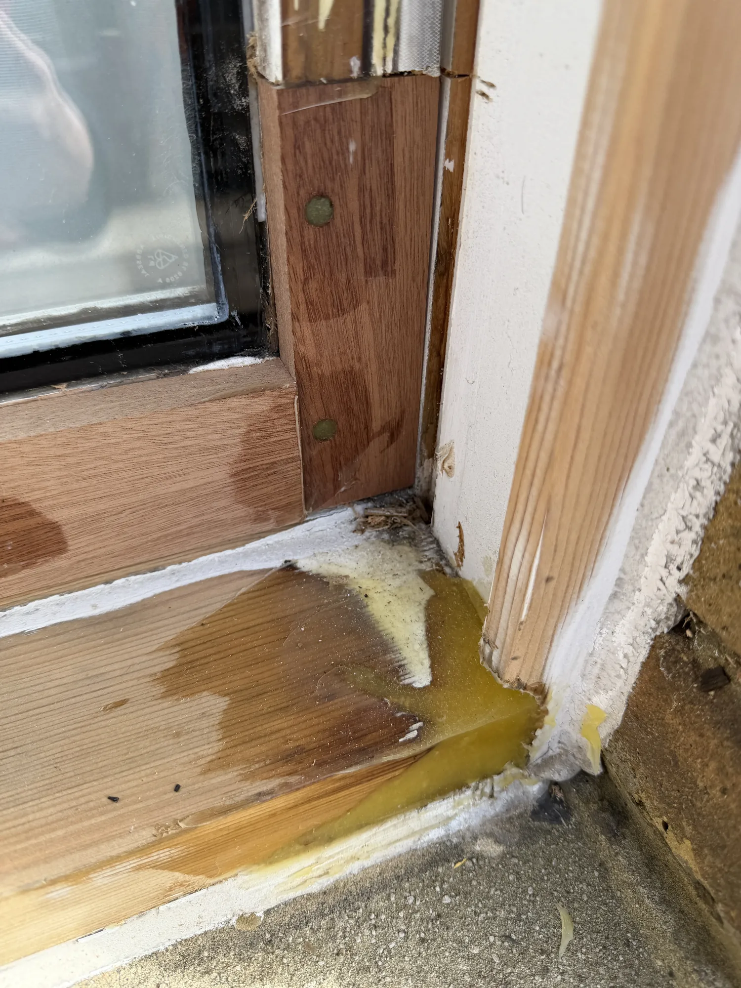 Timber sill and lower frame joint during sash window repair.