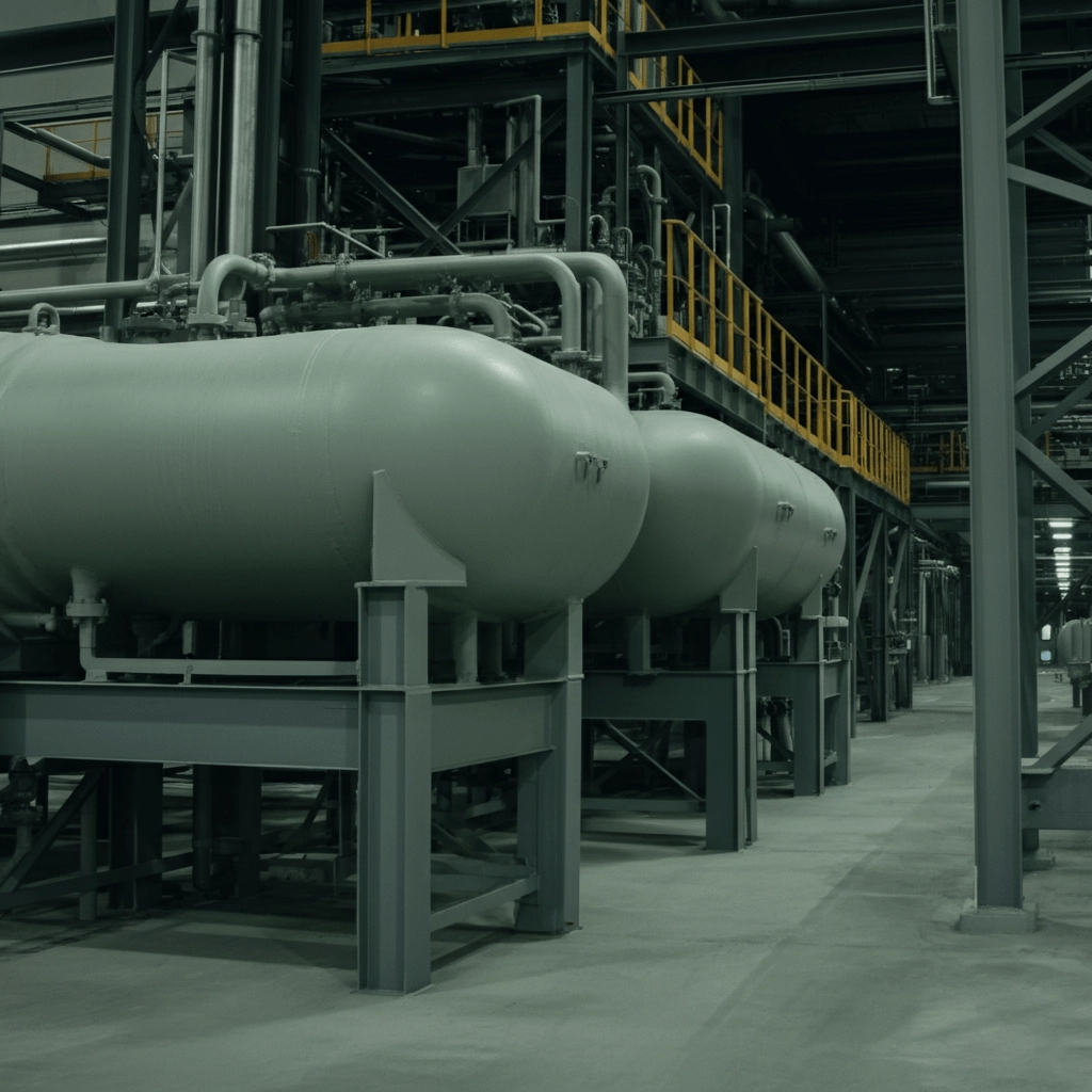 Large coated industrial vessels and pipework inside a processing facility.