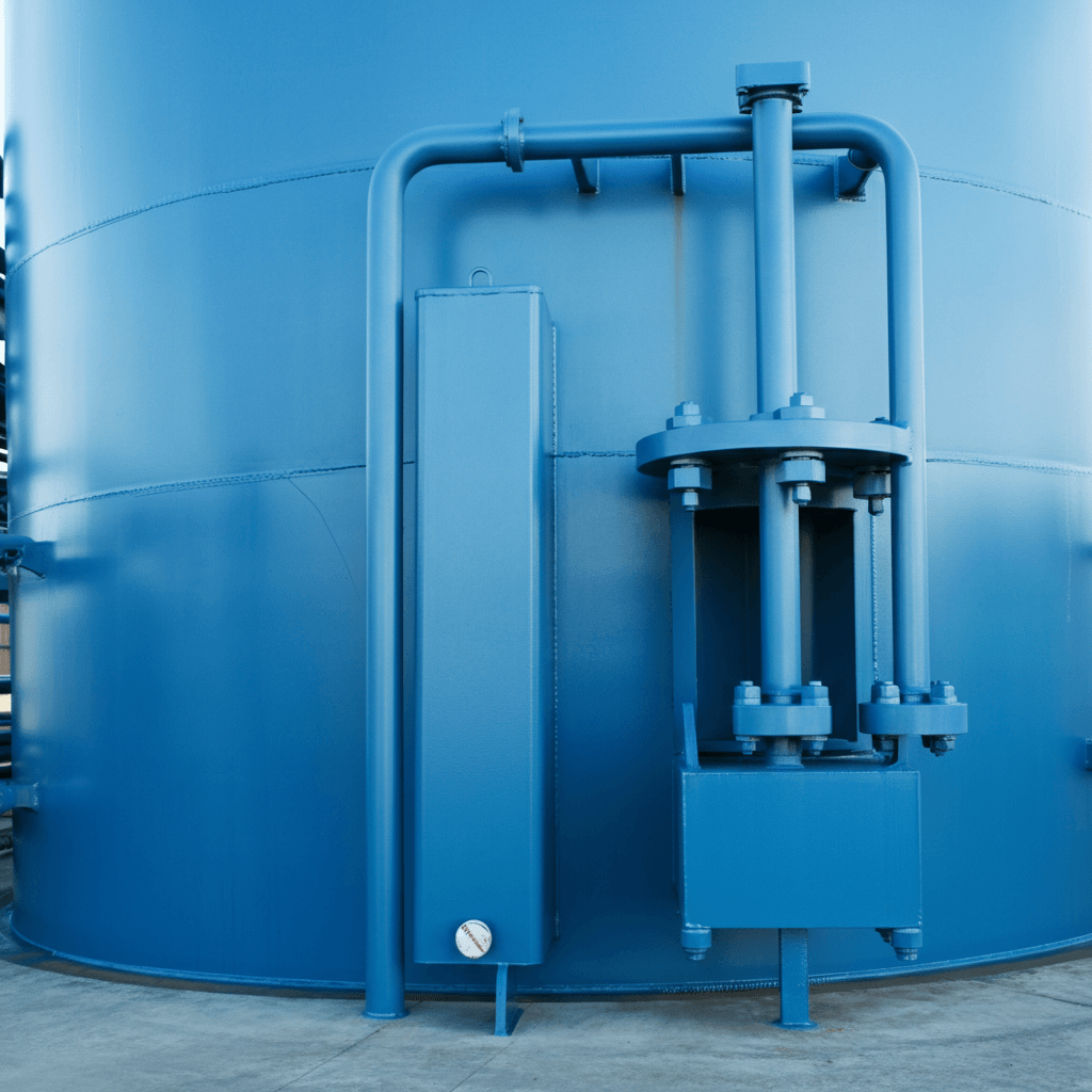 Blue-coated storage tank with external pipework and fittings.