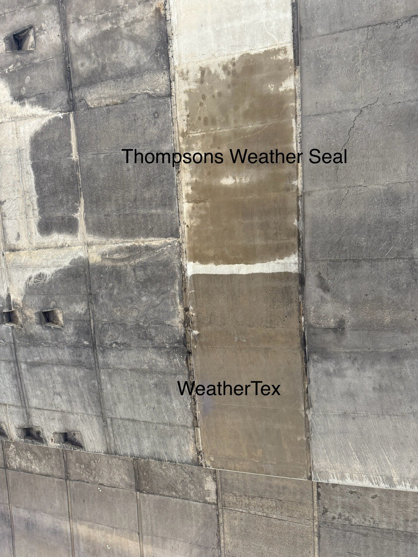 Concrete surface with two rectangular patches labelled Thompsons Weather Seal and WeatherTex.