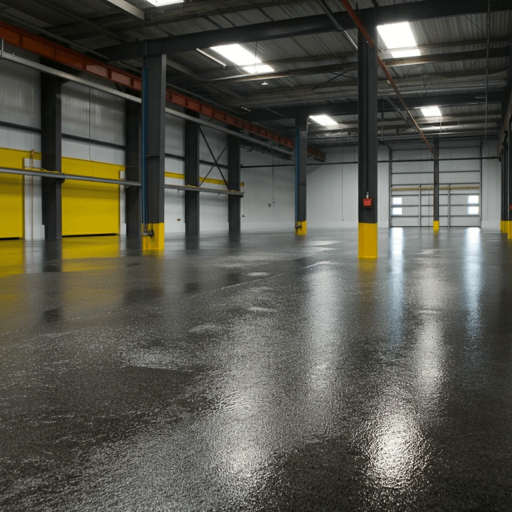 Industrial warehouse with a glossy grey floor and yellow-painted column bases.