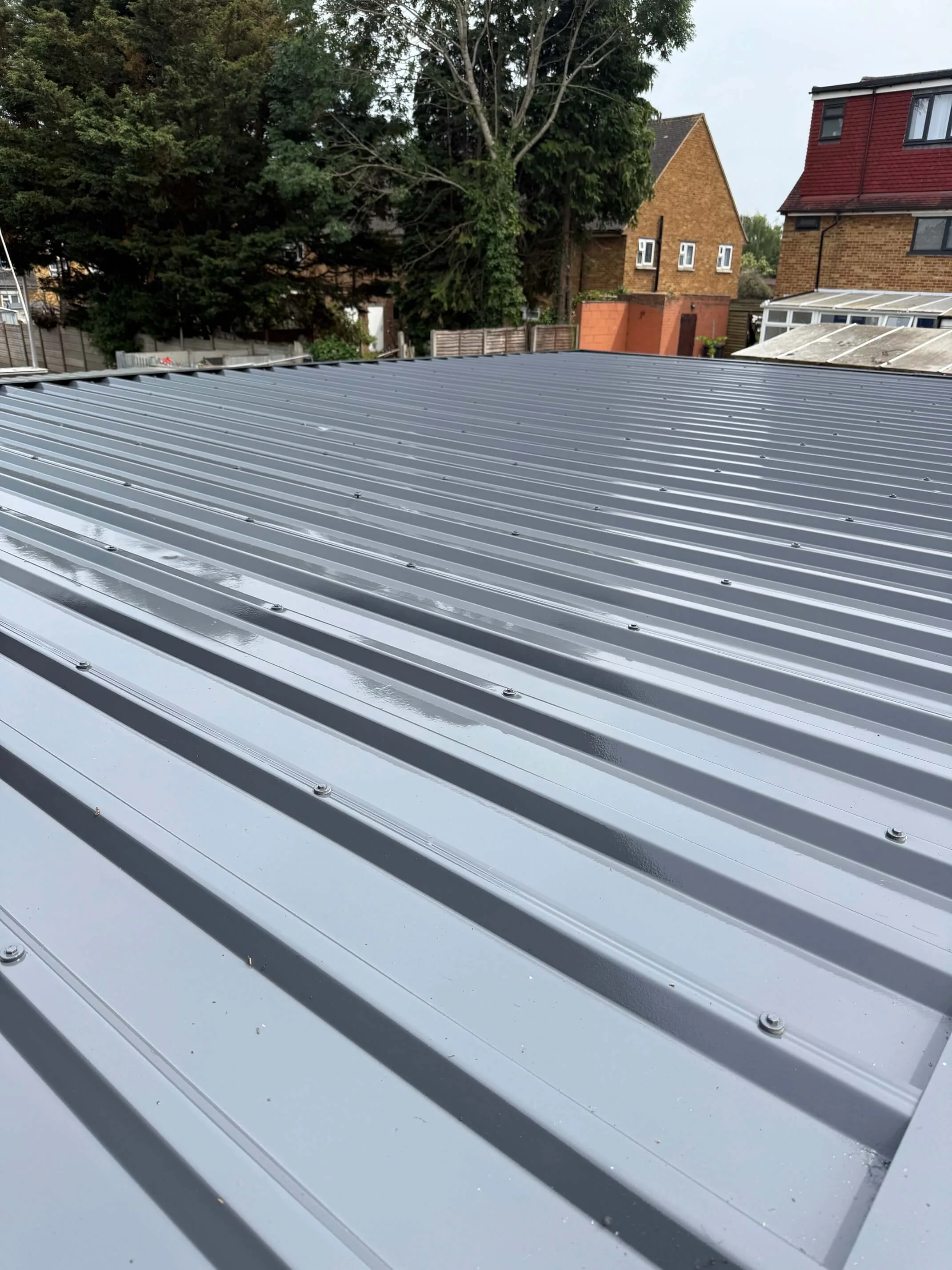 Grey profiled metal roof on the Burger King Enfield refurbishment project