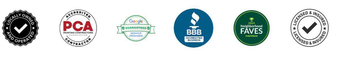 Locally Owned, PCA Accredited Contractor, Google Guaranteed, BBB Accredited Business, Nextdoor Neighborhood Faves 2024, Licensed and Insured badges