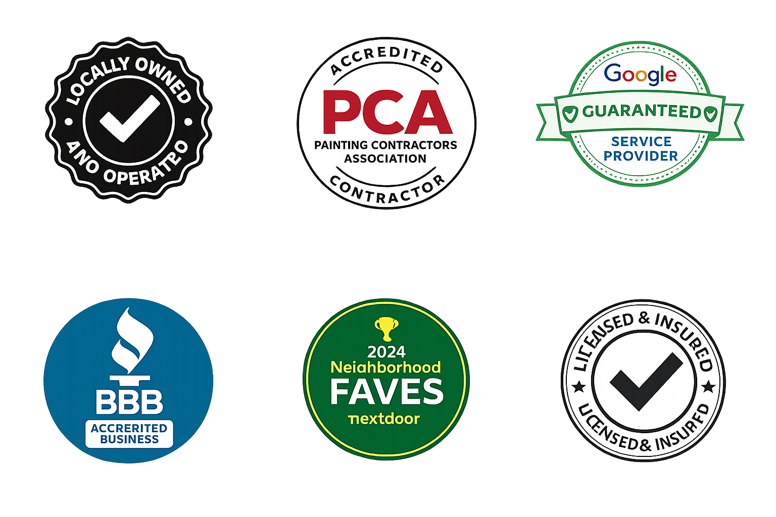 Locally Owned, PCA Accredited Contractor, Google Guaranteed, BBB Accredited Business, Nextdoor Neighborhood Faves 2024, Licensed and Insured badges