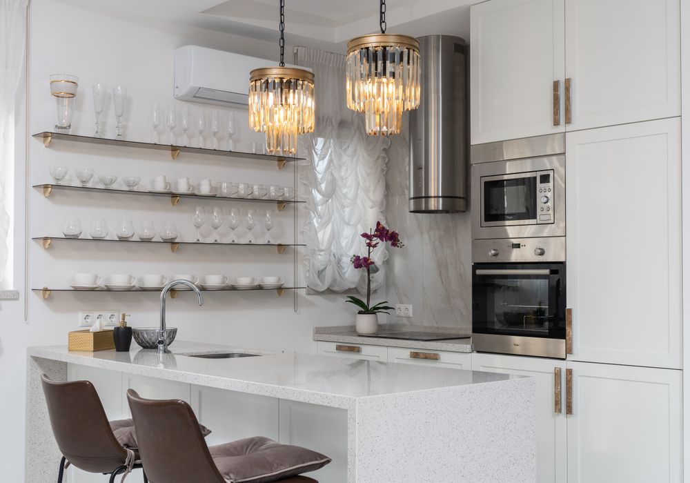 Modern kitchen with pendant lights