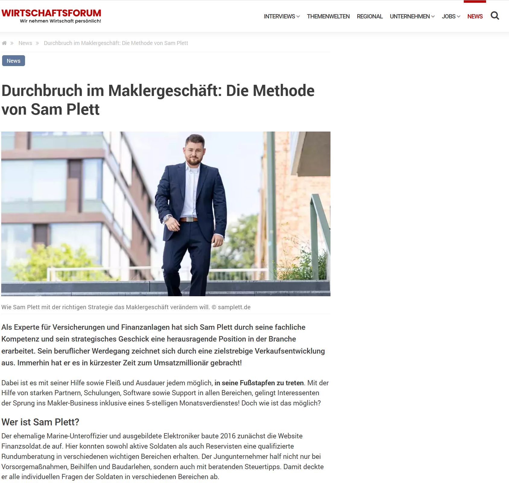Presseartikel Wirtschaftsforum: „Durchbruch im Maklergeschäft – Die Methode von Sam Plett"