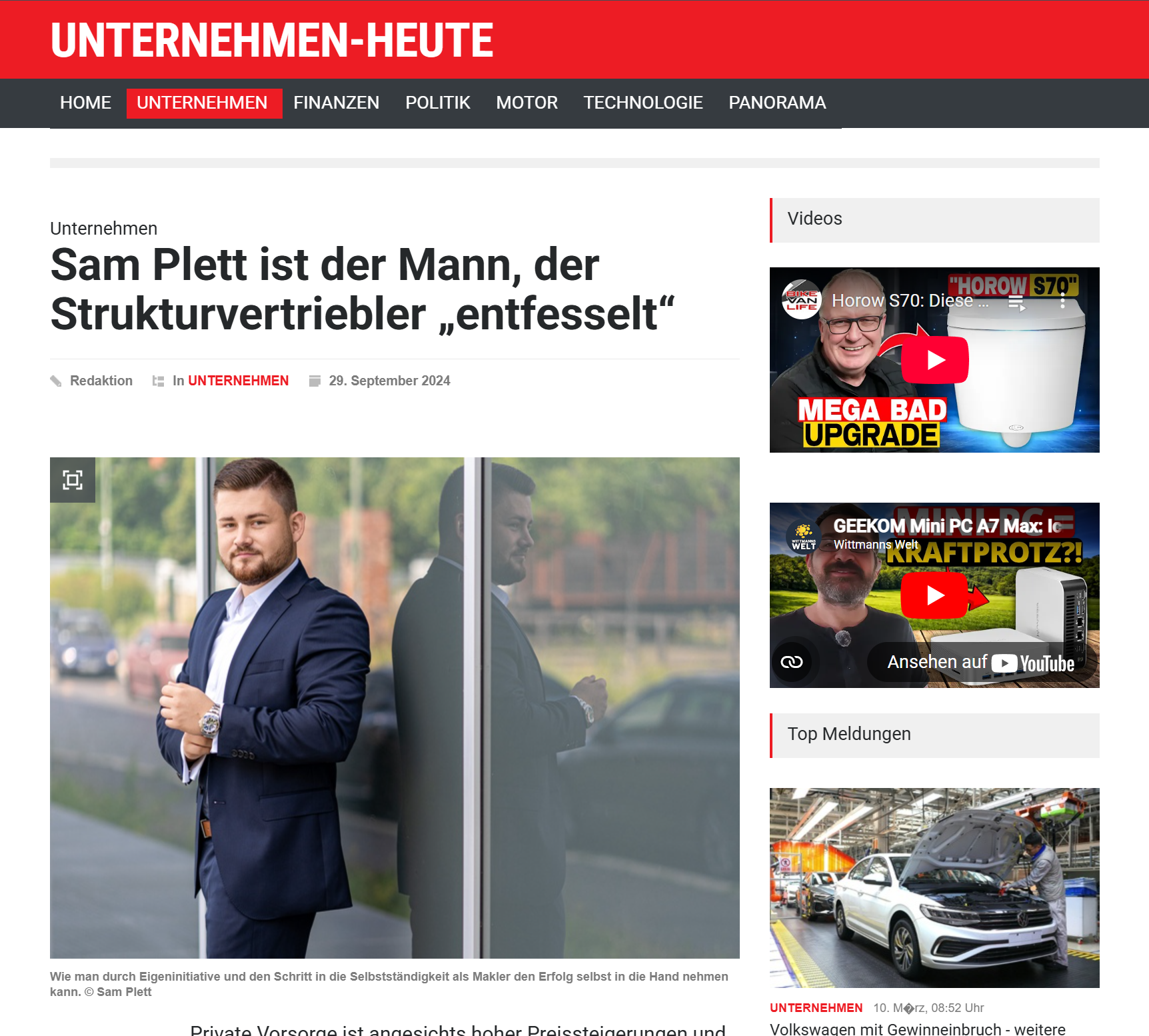 Presseartikel Unternehmen-Heute: „Sam Plett ist der Mann, der Strukturvertriebler entfesselt"