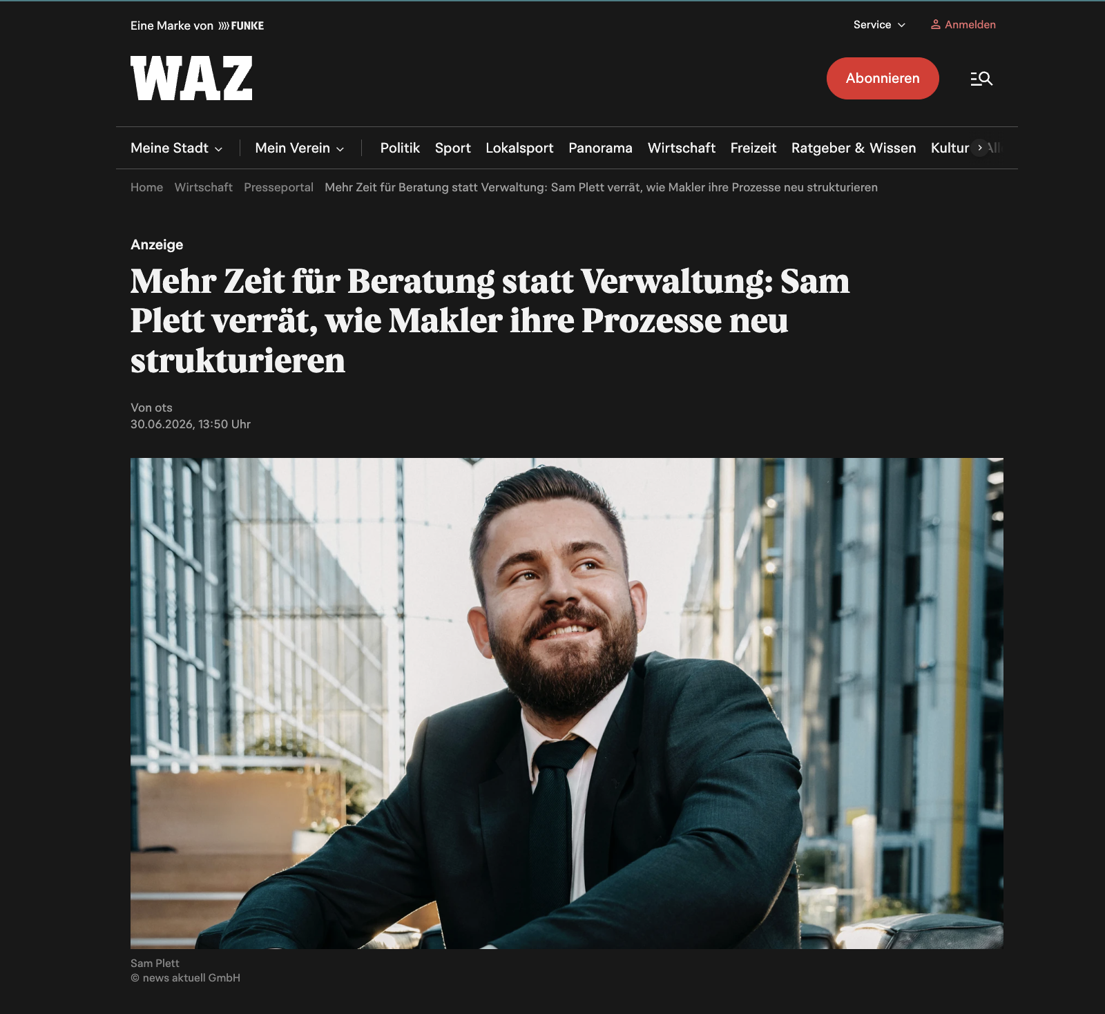 Presseartikel WAZ: „Mehr Zeit für Beratung statt Verwaltung – Sam Plett"