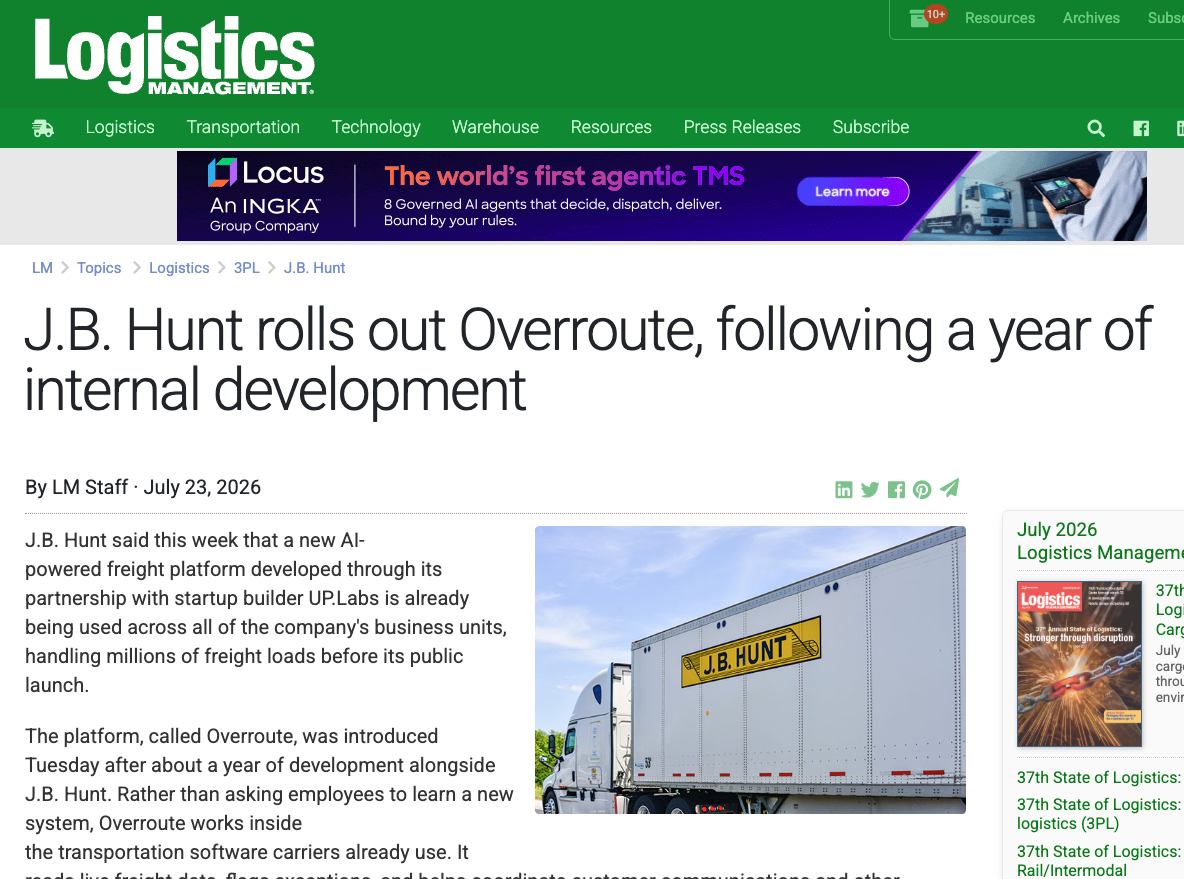 J.B. Hunt rolls out Overroute, following a year of internal development
