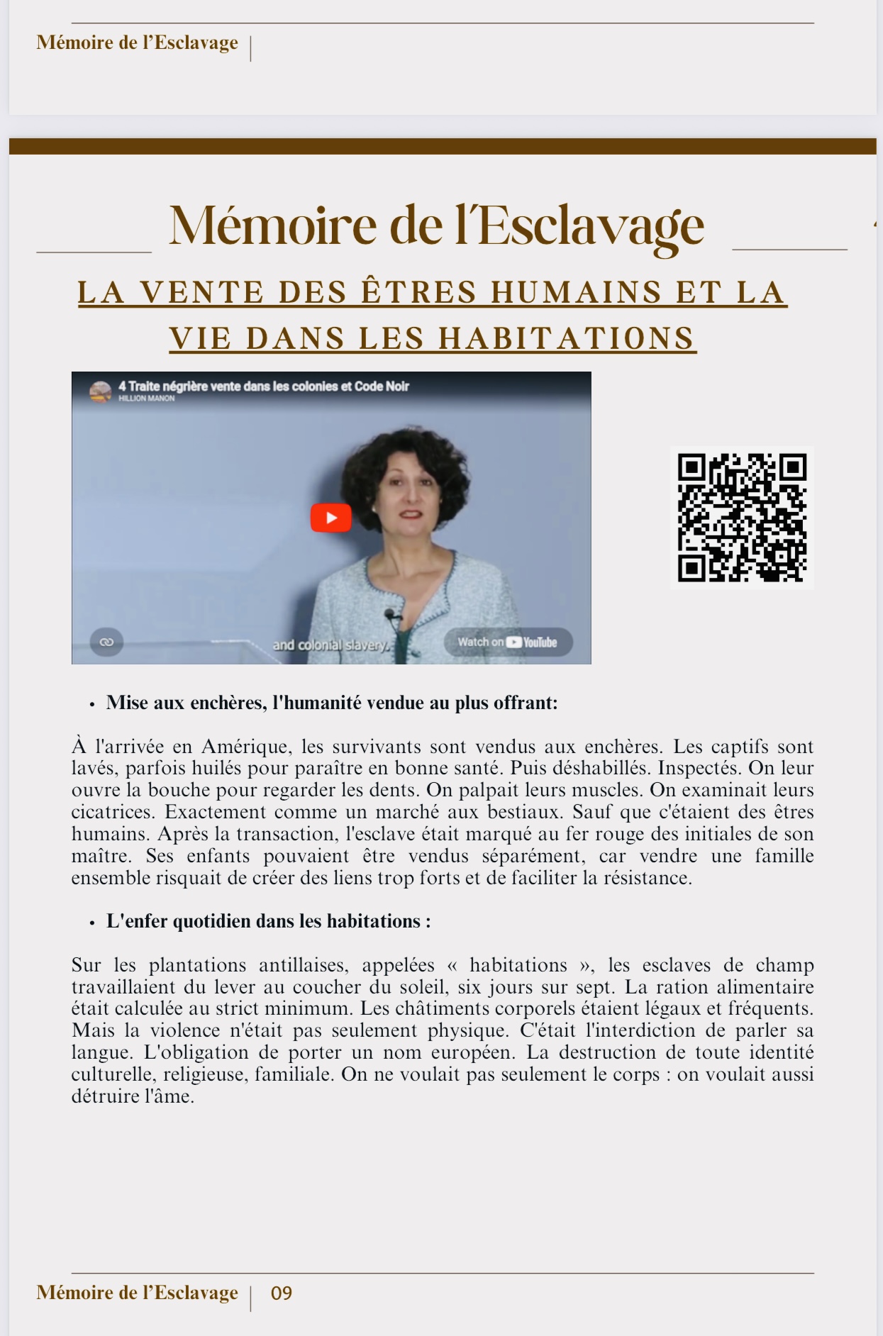 Page du livret Mémoire de l'Esclavage consacrée à la vente des êtres humains et à la vie dans les habitations