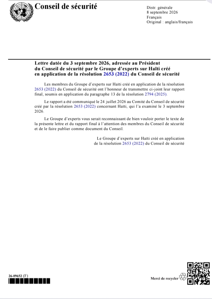 Lettre du Groupe d’experts sur Haïti transmettant son rapport final au Conseil de sécurité de l’ONU