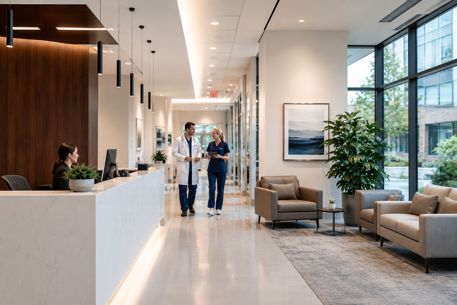 Modern healthcare facility reception and waiting area