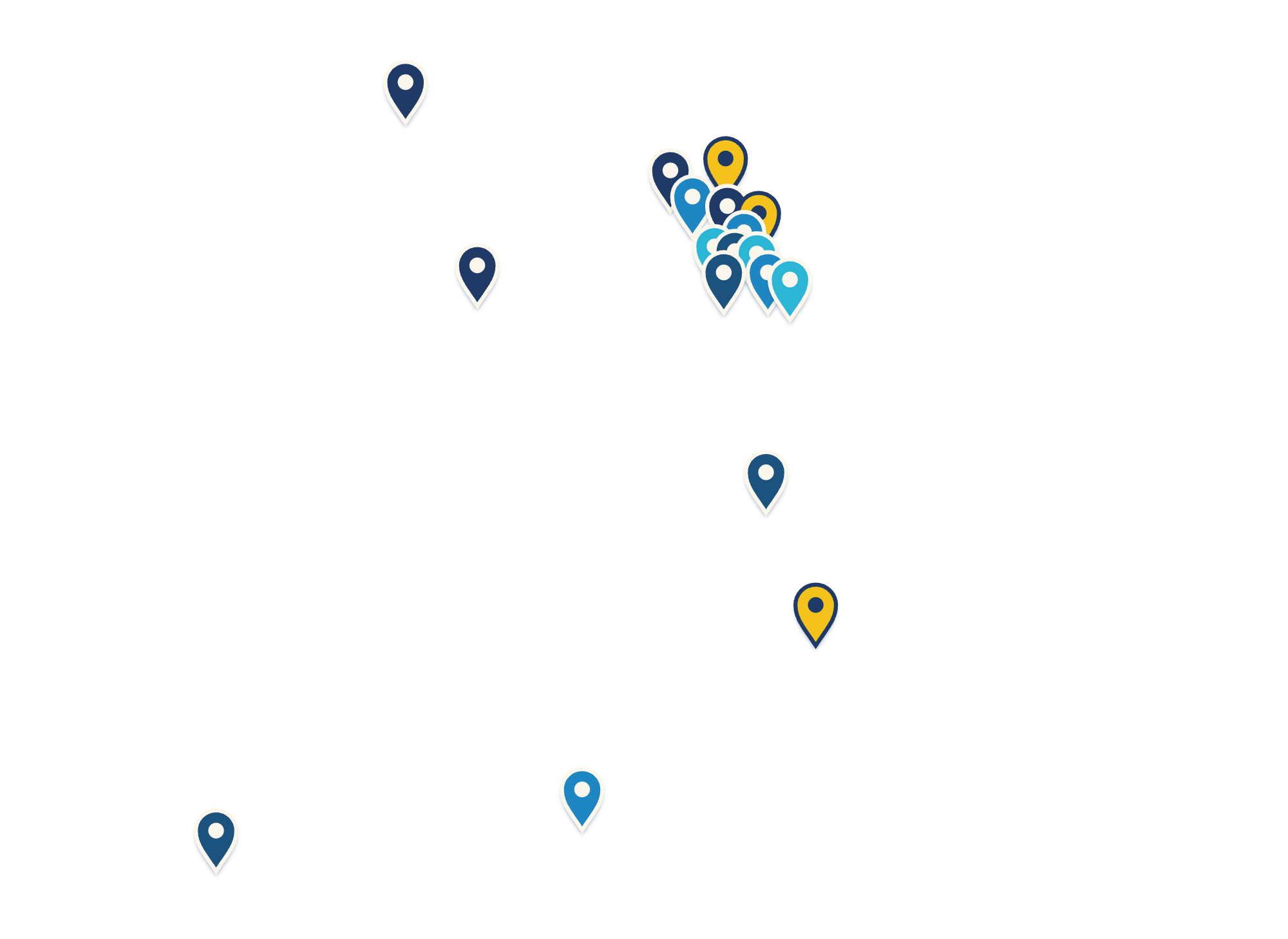 All 64 Colorado county boundaries with county names as spectrum-blue and gold sticker labels