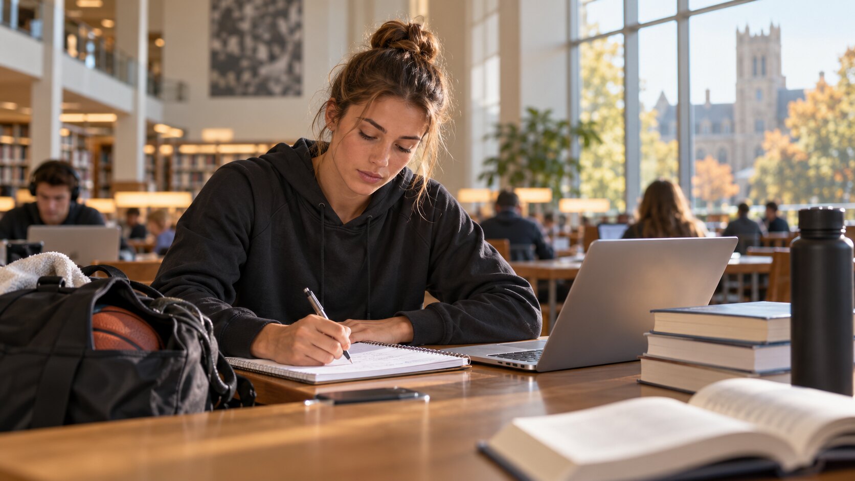 Student-athlete studying in an American university library