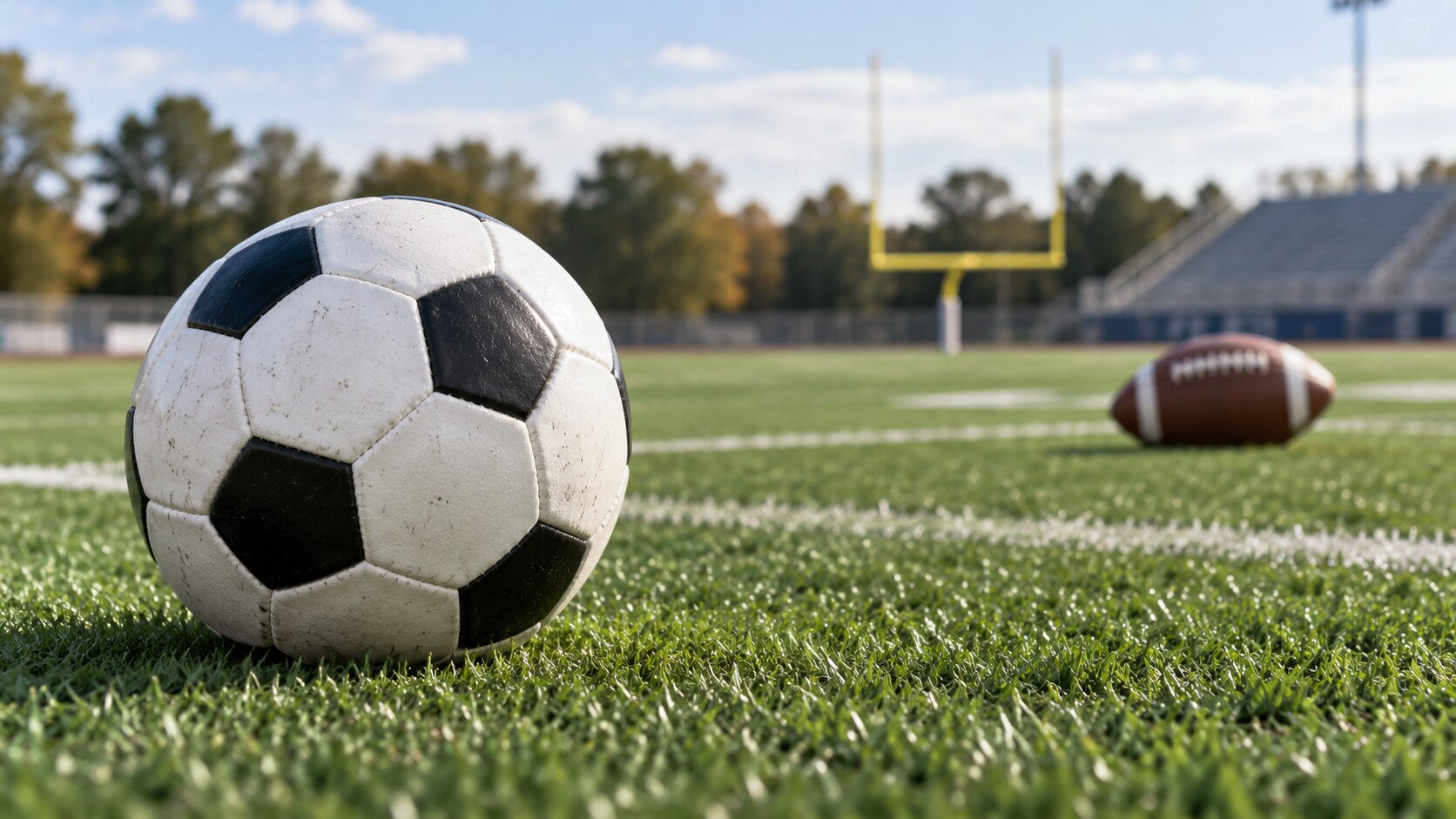 Soccer ball and American football on a U.S. sports field