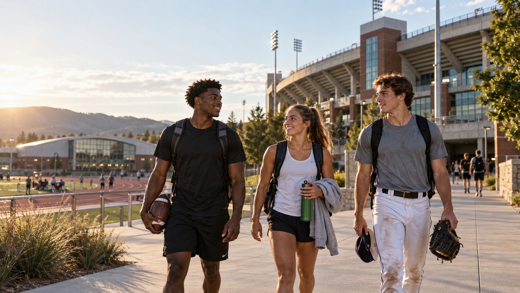 College student-athletes beside American university sports facilities