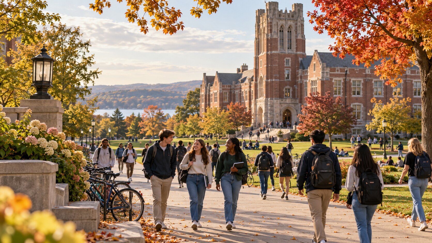 Students walking across an American university campus